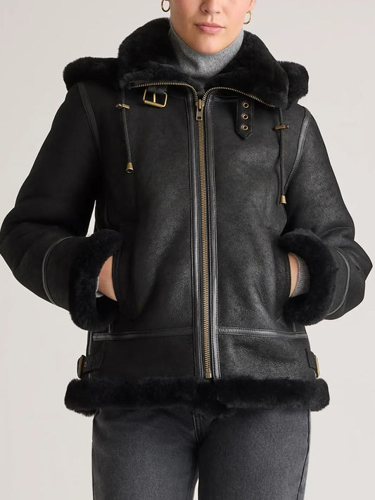 Shearling Bomber Jacket with Removeable Hood