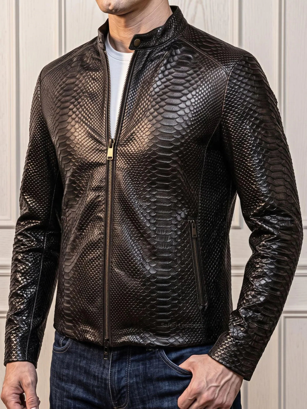 Python-Embossed Stand Collar Jacket
