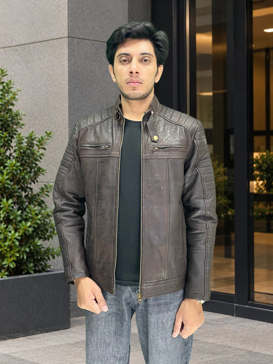 Padded Lambskin Biker Jacket (Unique Coal Effect Vintage leather)