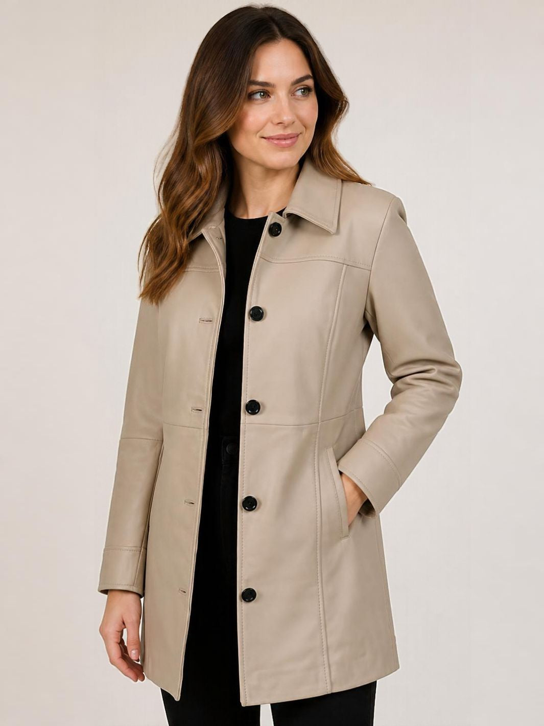 Marsha Women Shirt Collar Leather Car Coat