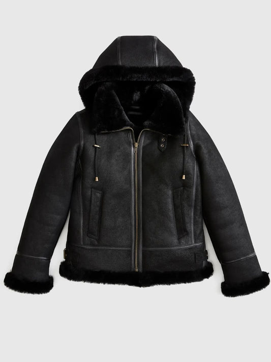 Shearling Bomber Jacket with Removeable Hood