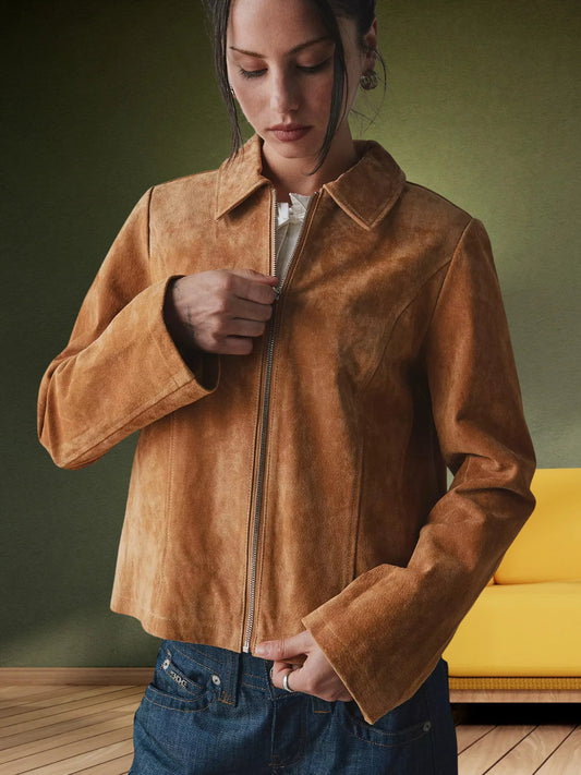 Suede Zip-Front Shirt Collar Jacket