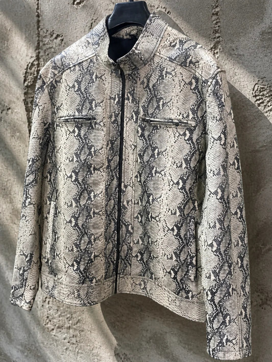 Python-Embossed Cowhide Leather Jacket