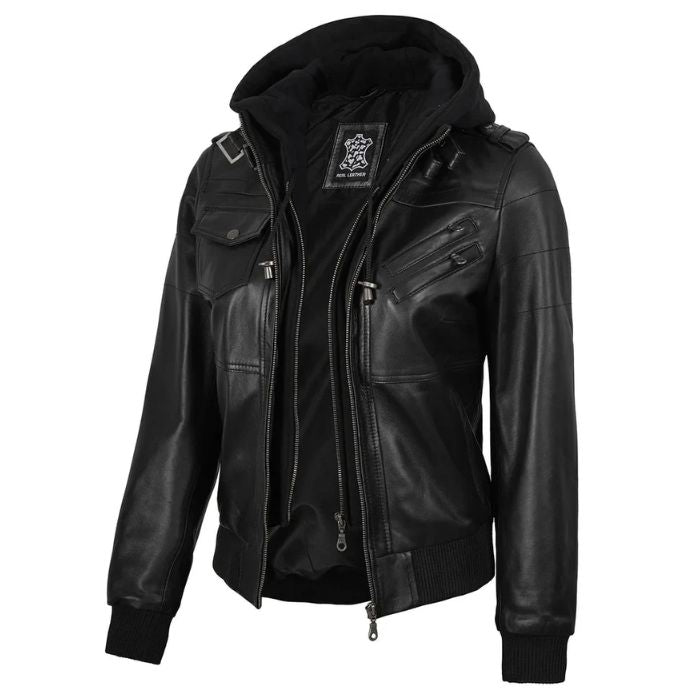 Women's Black Bomber Jacket with Removable Hood
