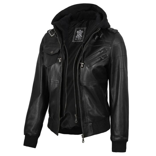 Women's Black Bomber Jacket with Removable Hood