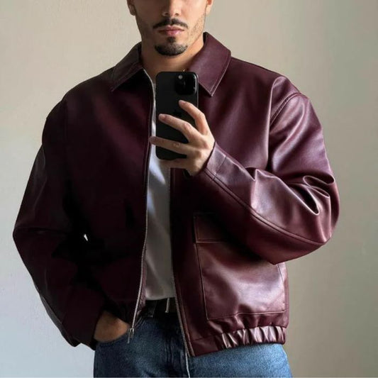 Men's Leather Bomber Jacket | Oversized Vintage Style Zip-Up Jacket