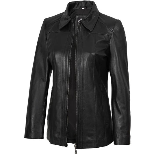 Marsha Women Shirt Collar Black Leather Car Coat