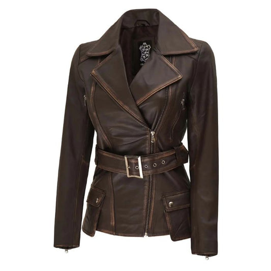 Women's Distressed Brown Asymmetrical Leather Biker Style Jacket