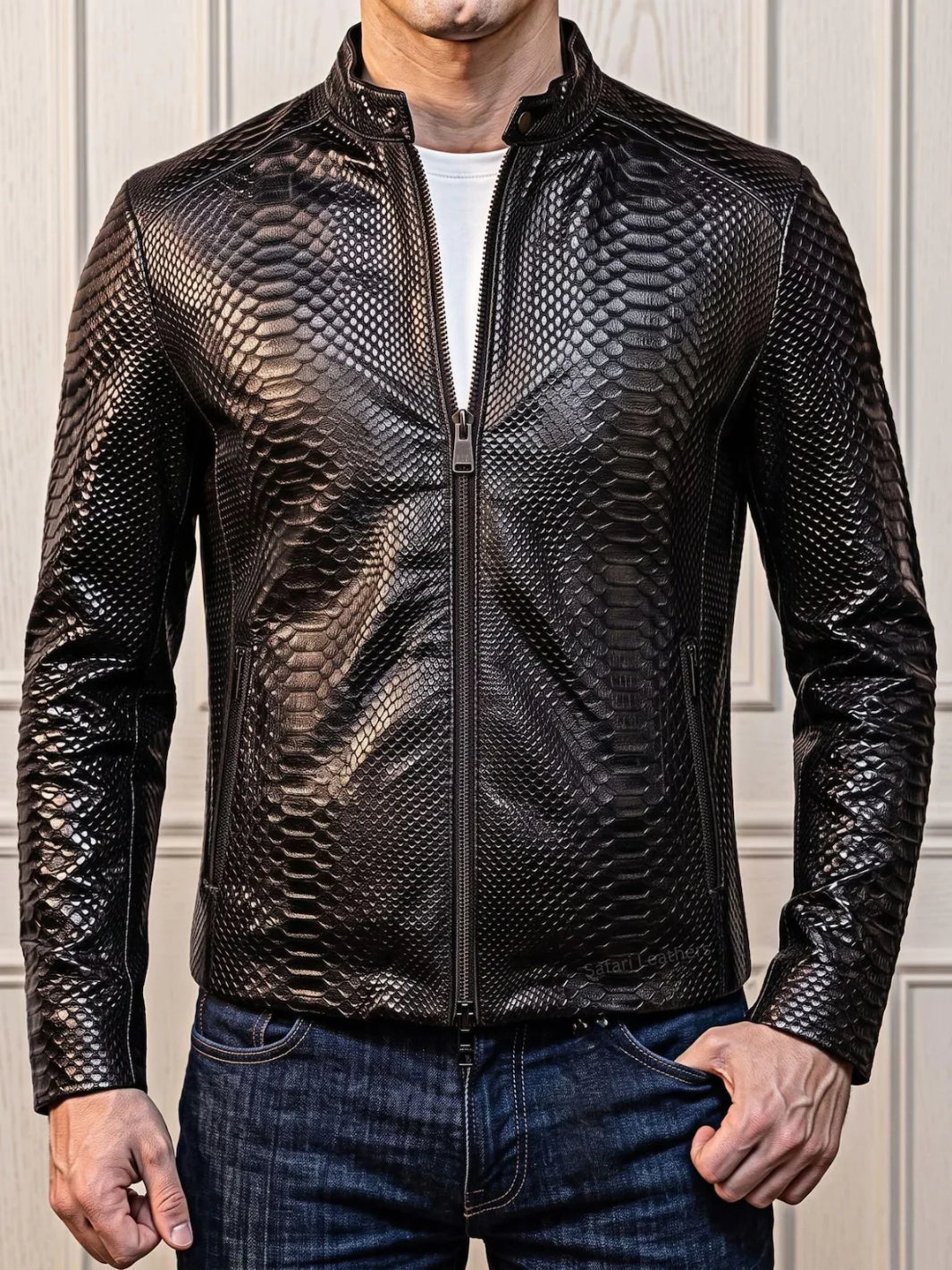 Python-Embossed Stand Collar Jacket