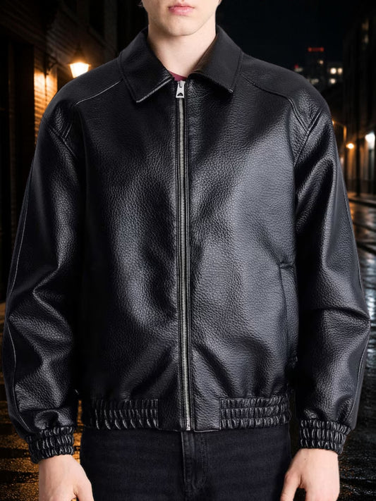 Shirt Collar Bomber Jacket (Textured Leather)