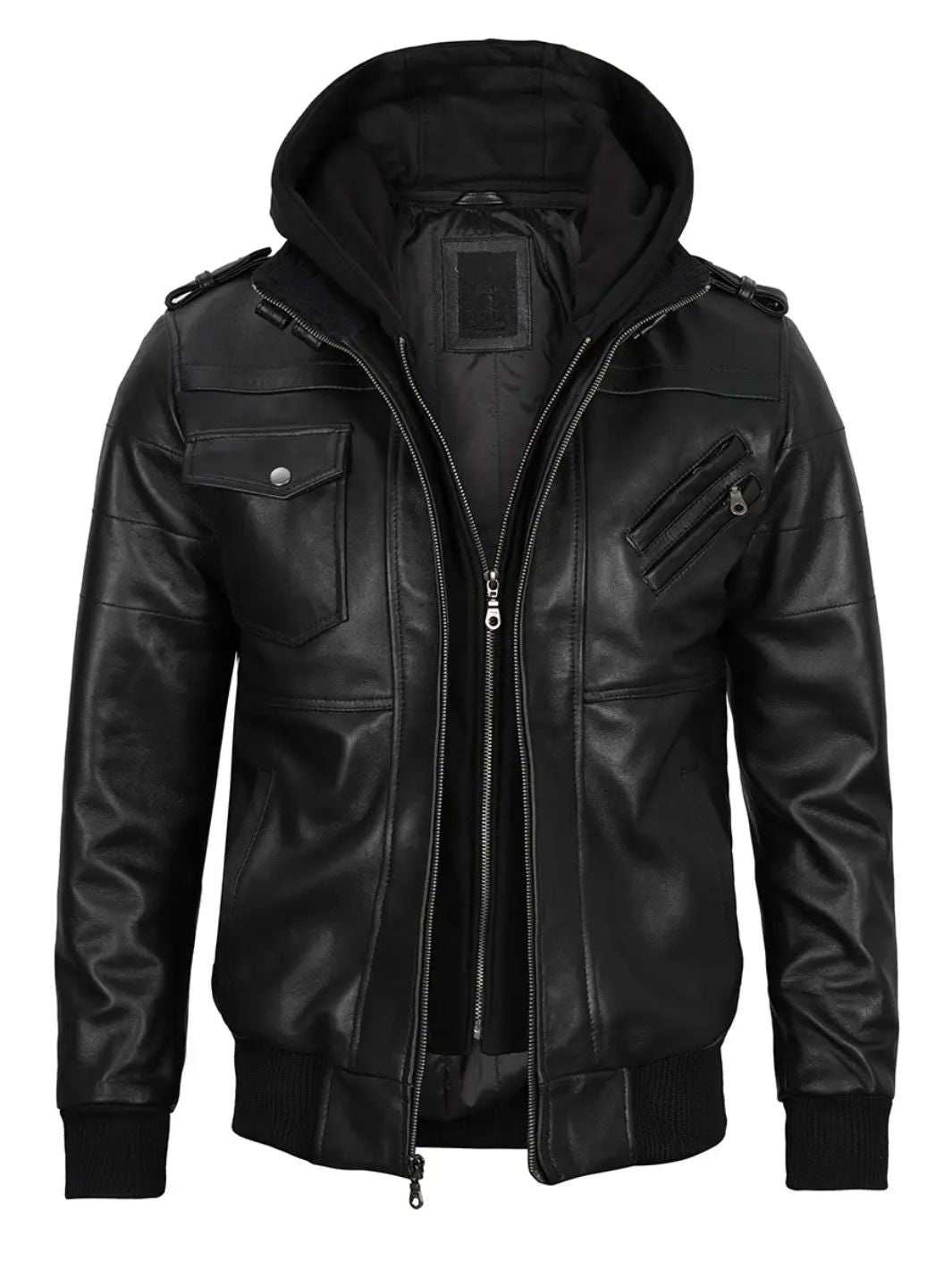 Bomber Leather Jacket with Removable Hood