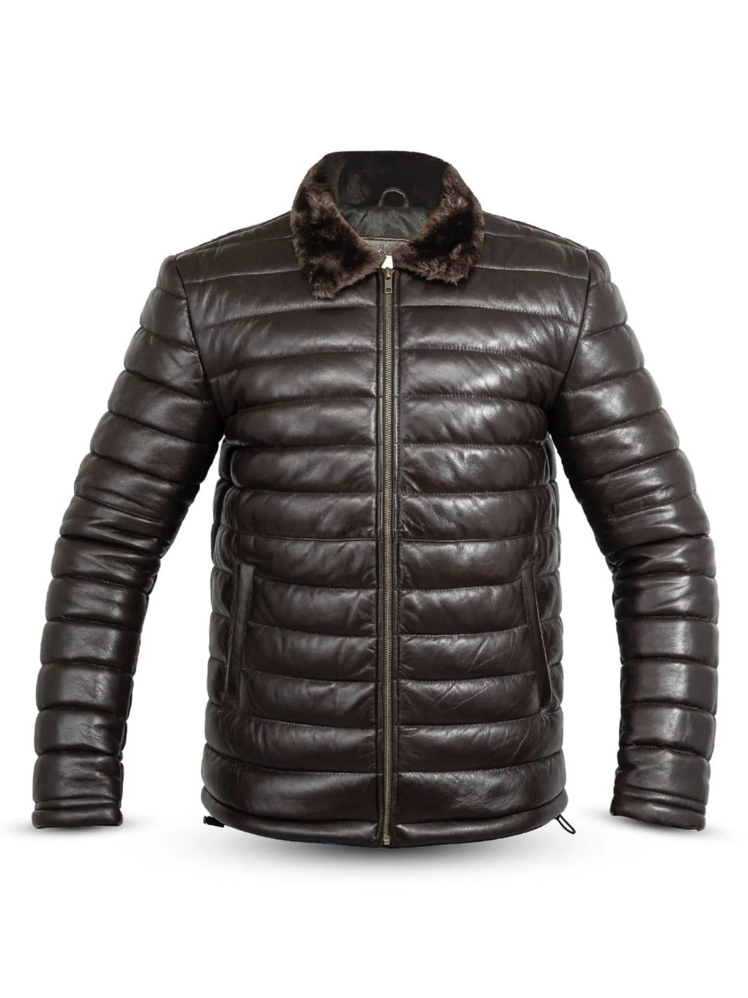 Leather Puffer Jacket with Fur Collar