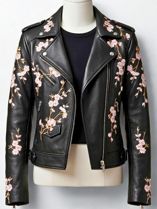 Custom Embroidered Leather Jacket • Floral Biker