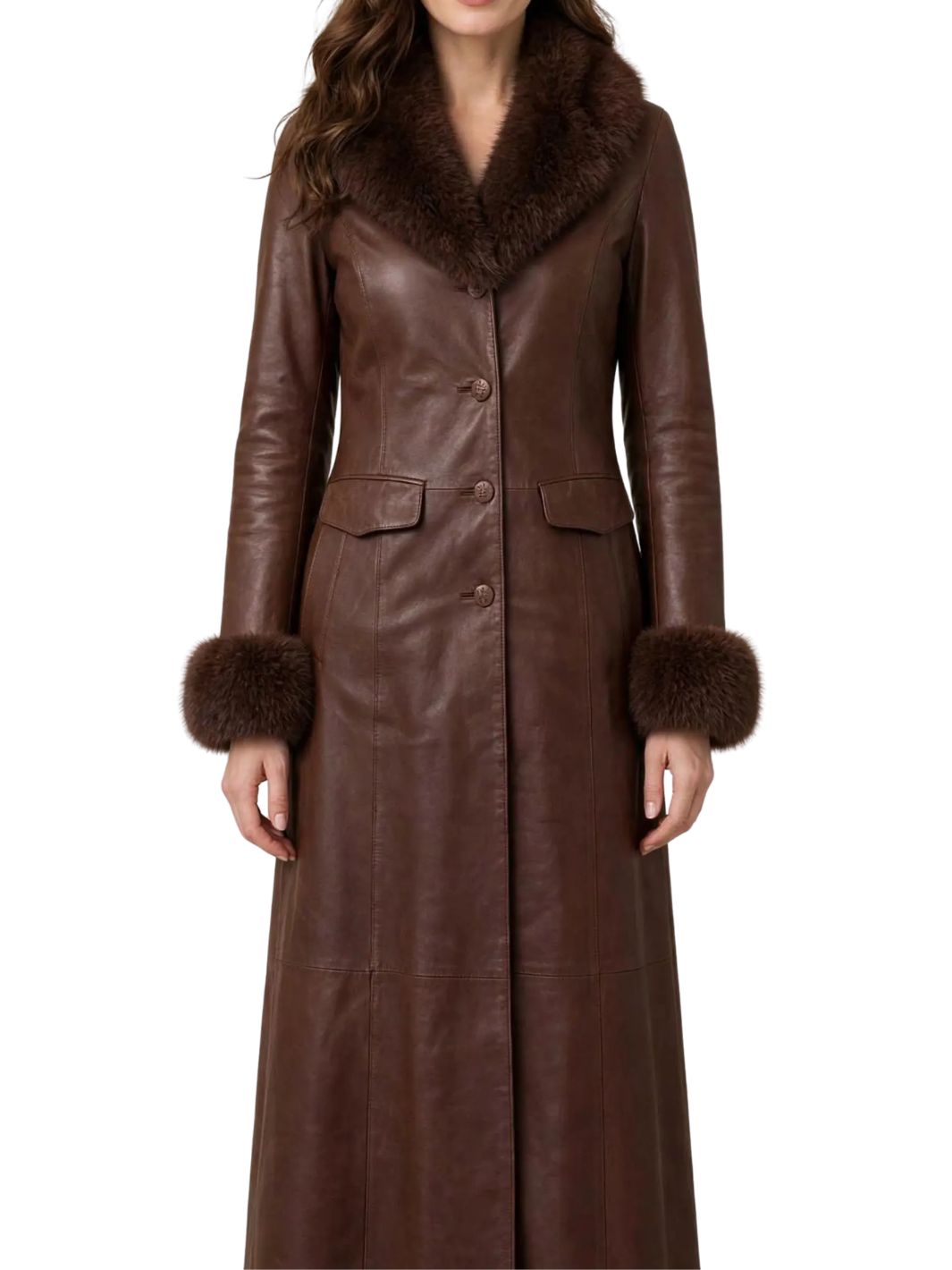 Leather Long Coat With Shearling Fur Collar and cuffs