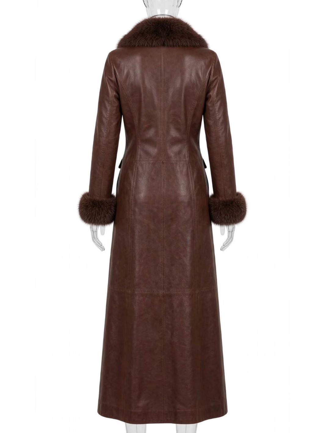 Leather Long Coat With Shearling Fur Collar and cuffs
