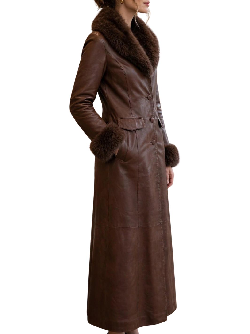 Leather Long Coat With Shearling Fur Collar and cuffs