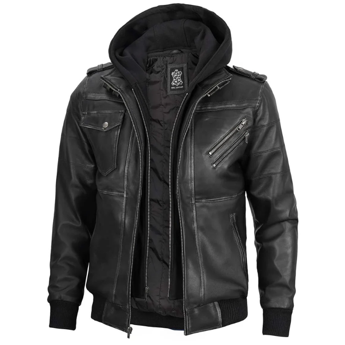 Men's Bomber Leather Jacket with Removable Hood